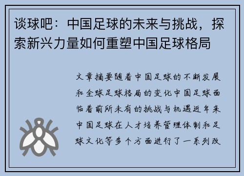 谈球吧：中国足球的未来与挑战，探索新兴力量如何重塑中国足球格局